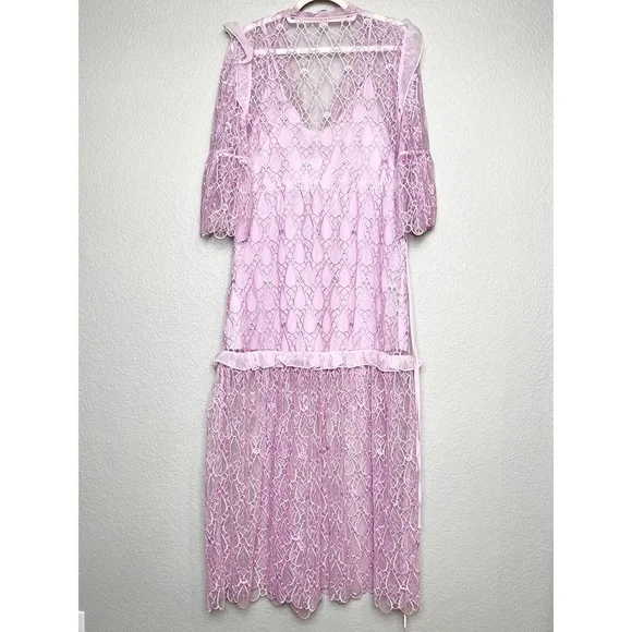 NWT SELF PORTRAIT Lilac Crochet Mesh Lace Tiered Ruffle Fairycore Maxi Dress 6 - Picture 8 of 16